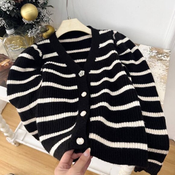 Sweaters - Black And White Striped Knit Cardigan With Pearl Buttons